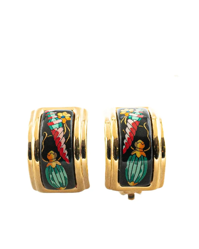 Enamel Cloisonne Clip-On Earrings with Gold-Plated Hardware