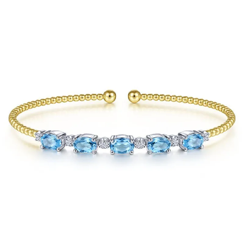 Gabriel & Co. - BG4448-62M45BT - 14K White-Yellow Gold Bujukan Bead Cuff Bracelet with Blue Topaz and Diamond Stations