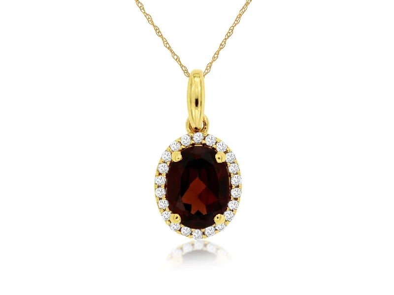 14K Yellow Gold Oval Garnet and Diamond Halo Pendant Necklace