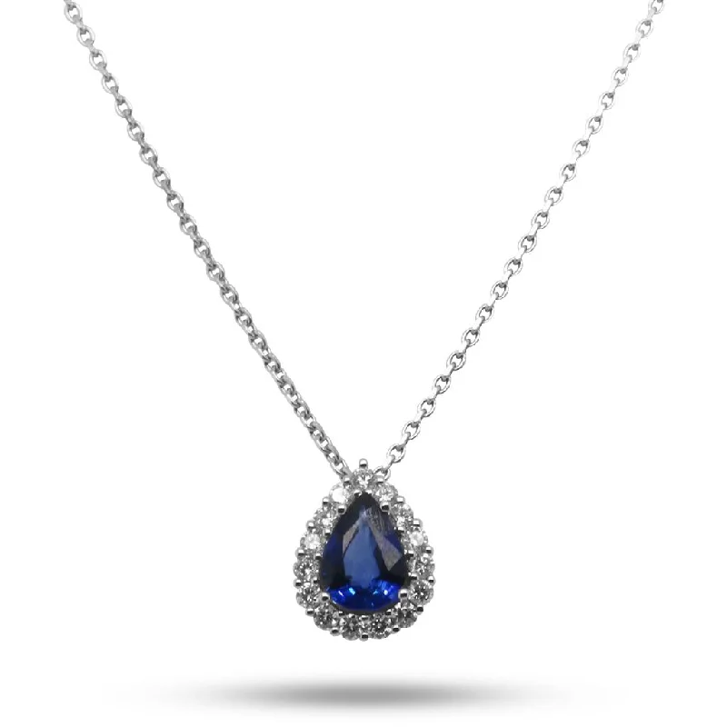 18k White Gold Pear Sapphire & Diamond Halo Necklace