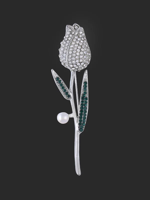 Long Stem Rose Flower Diamond Brooch