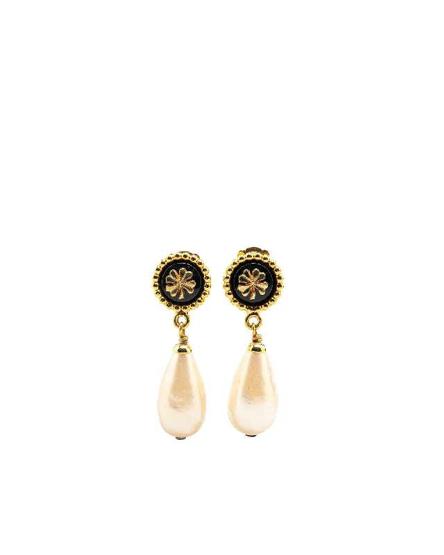 Gold Plated Clover Faux Pearl Drop Earrings