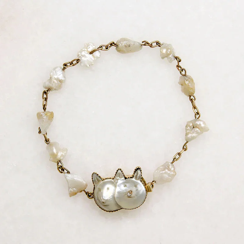 Whimsical Pearl & Gold Kitty Cat Bracelet by A.O. Kopp