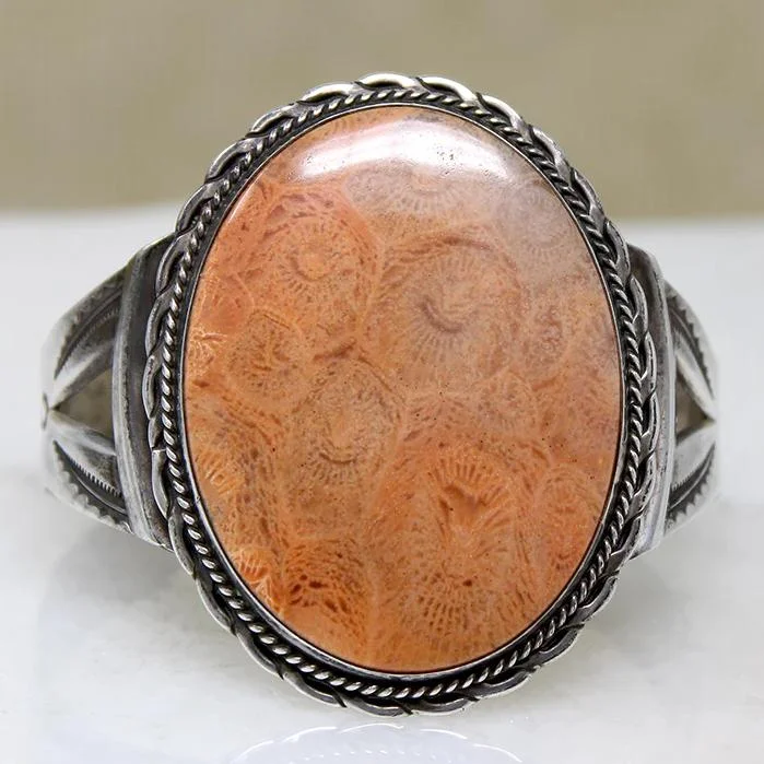 Petrified Coral Hand Made Sterling Cuff Bracelet