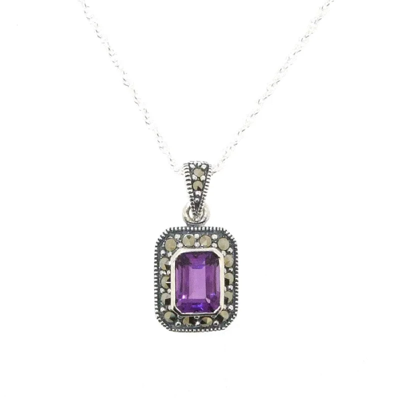 Art Deco Amethyst Pendant Necklace Silver Marcasite Square Purple Crystal