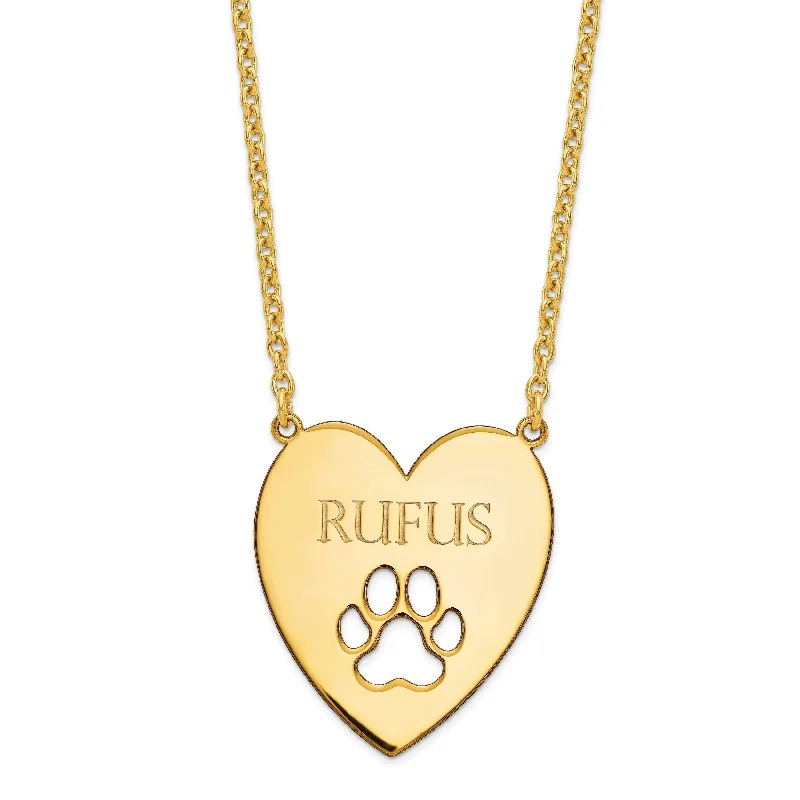 Sterling Silver Heart With Dog Paw Print and Engraved Name Necklace