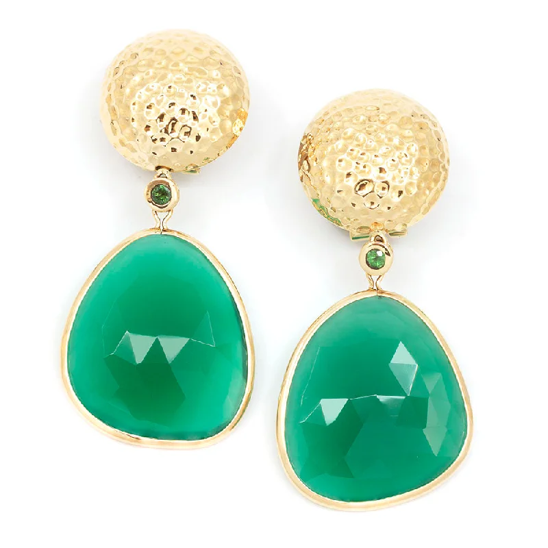 Hammered Gold Earring with Tsavorite & Green Onyx Pendants