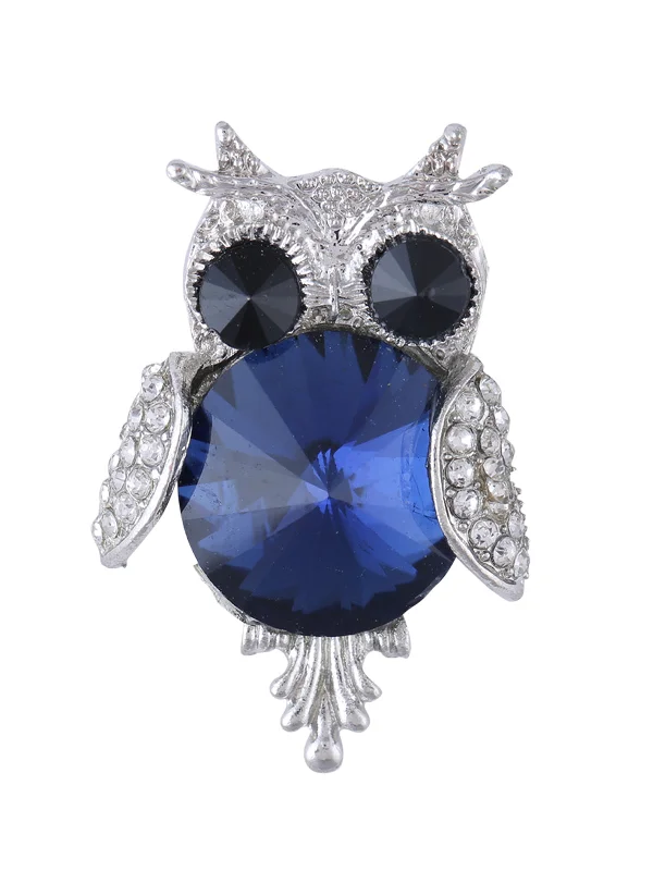 Diamond Studded Silver Owl Unisex Brooch