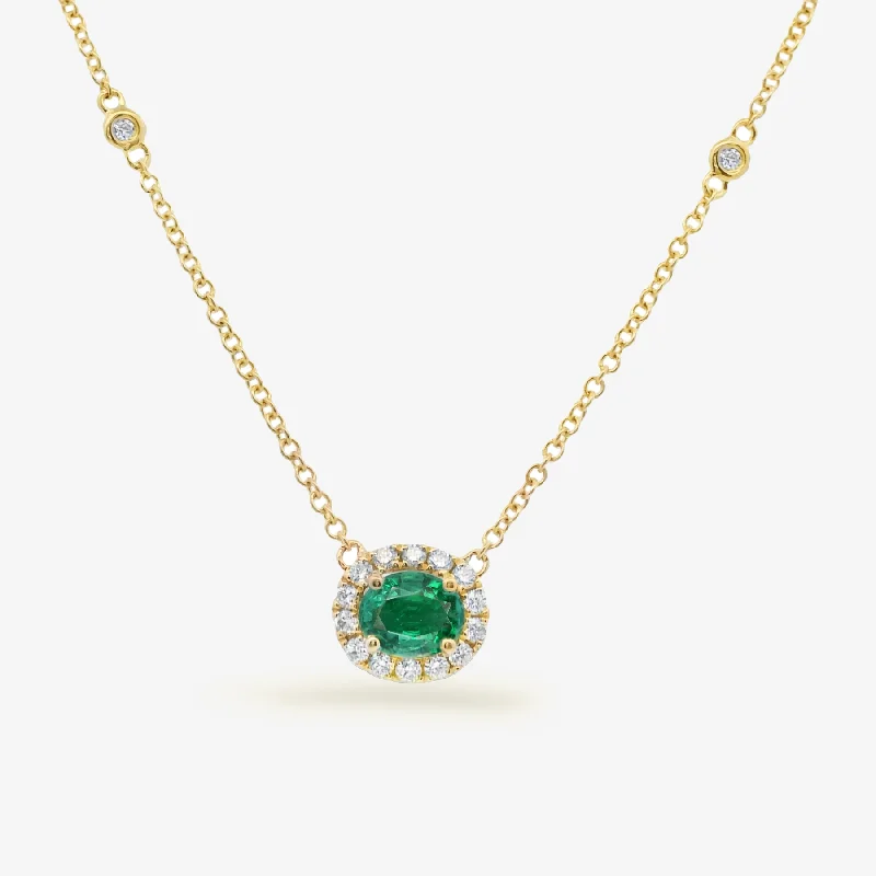 Oval Emerald and Diamond Halo Necklace