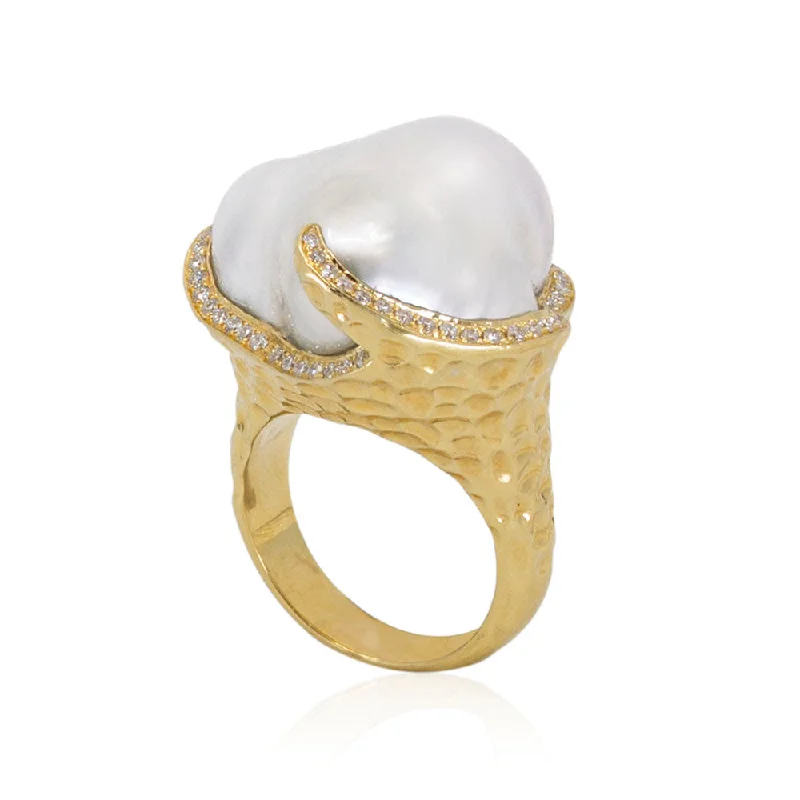 Baroque South Sea Pearl Hammered Gold Ring with Diamonds