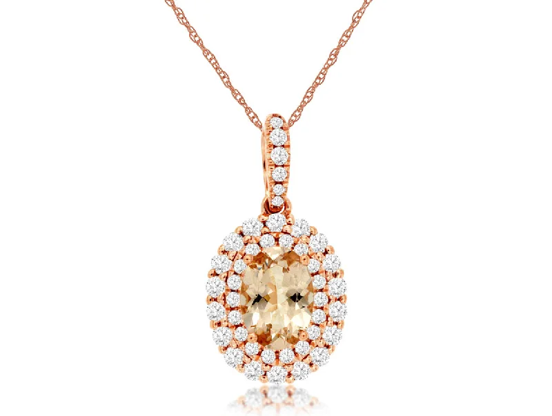 14K Rose Gold Oval Morganite Double Halo Pendant Necklace