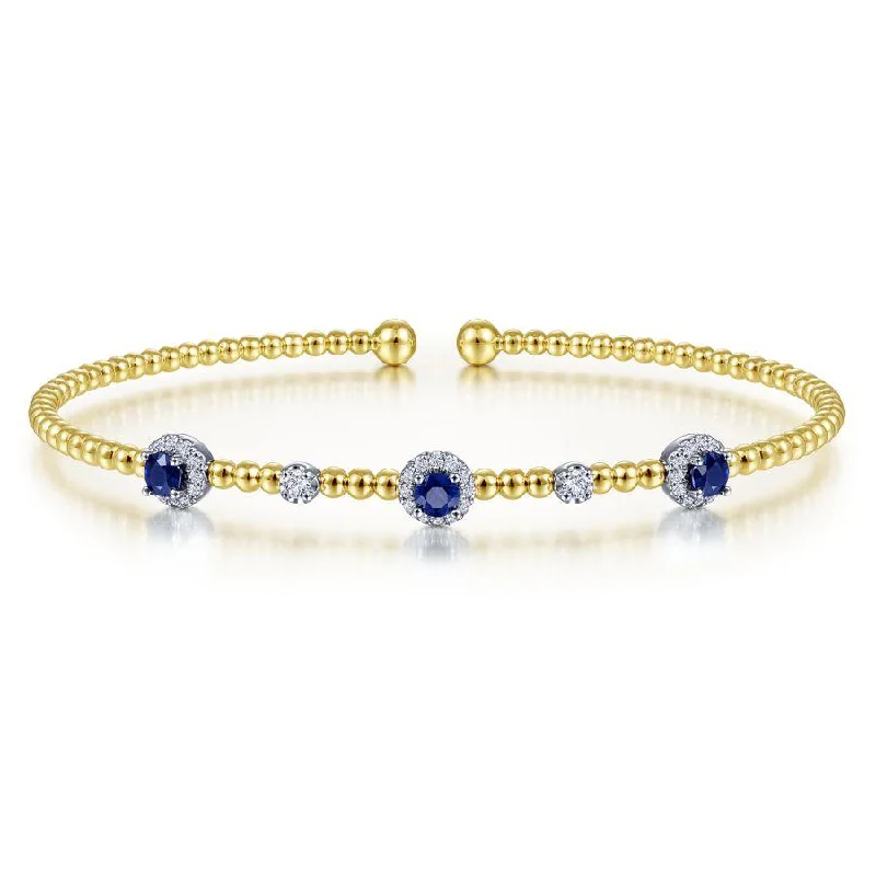 Gabriel & Co. - BG4438-62M45SA - 14K White-Yellow Gold Bujukan Bead Cuff Bracelet with Sapphire and Diamond Halo Stations