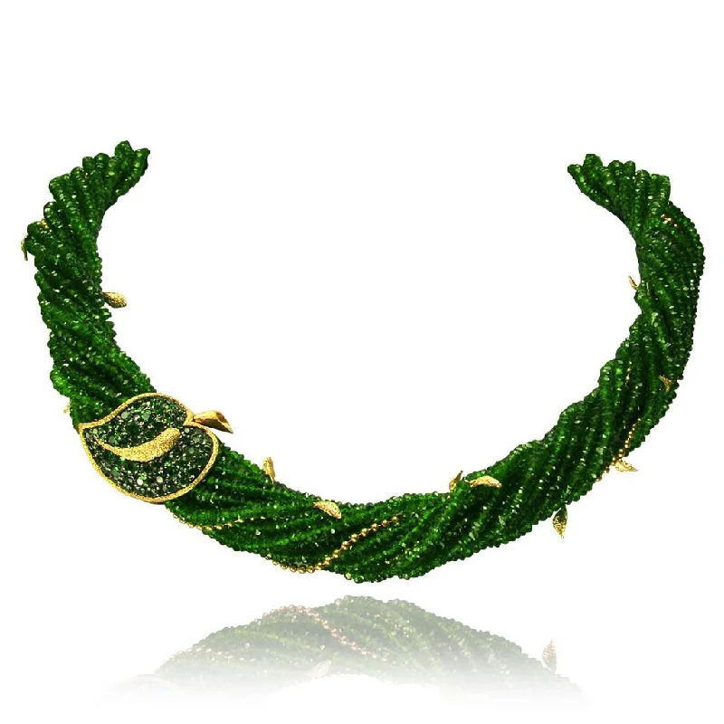 Gold Sunflower Leaf Necklace with Chrome Diopside