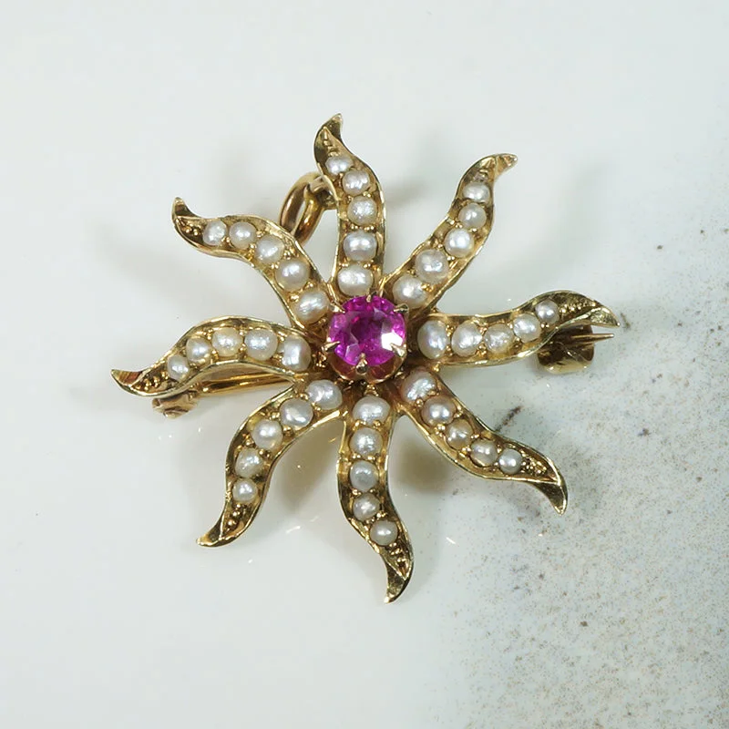 Radiant Ruby & Pearl Star Brooch