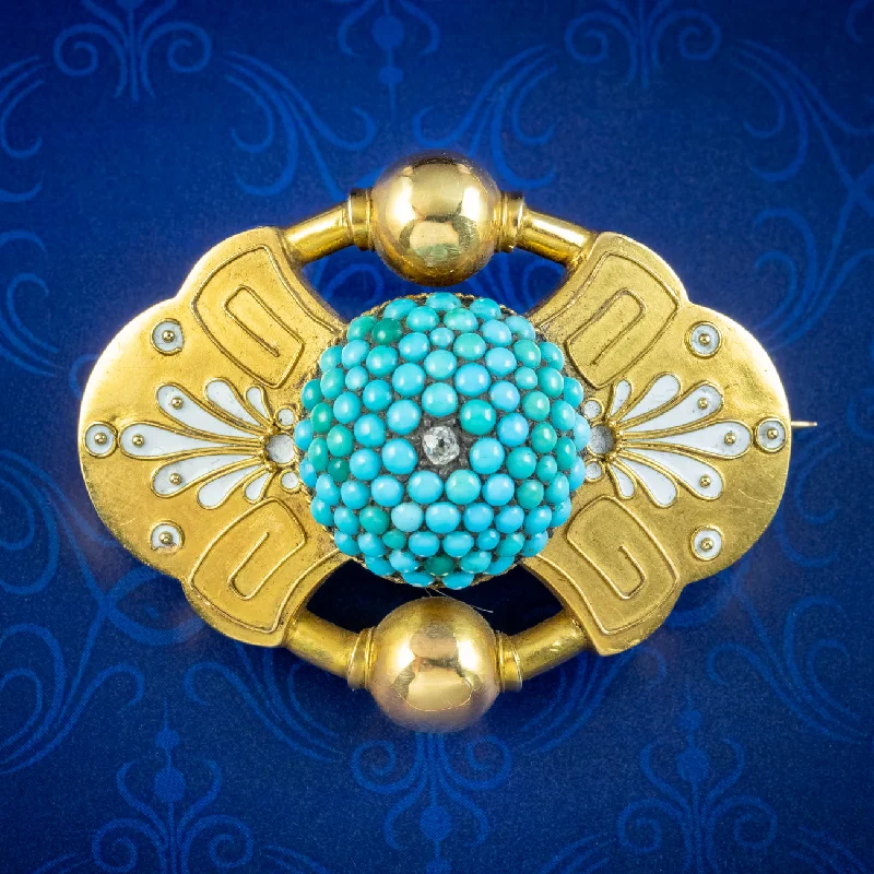 Antique Victorian Etruscan Turquoise Diamond Mourning Brooch 18ct Gold