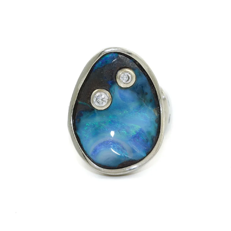 14K White Gold Boulder Opal x Diamond Ring