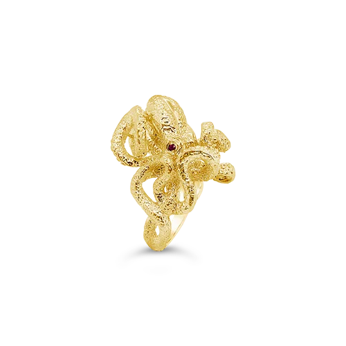 Gold Octopus Ring with Ruby Eyes