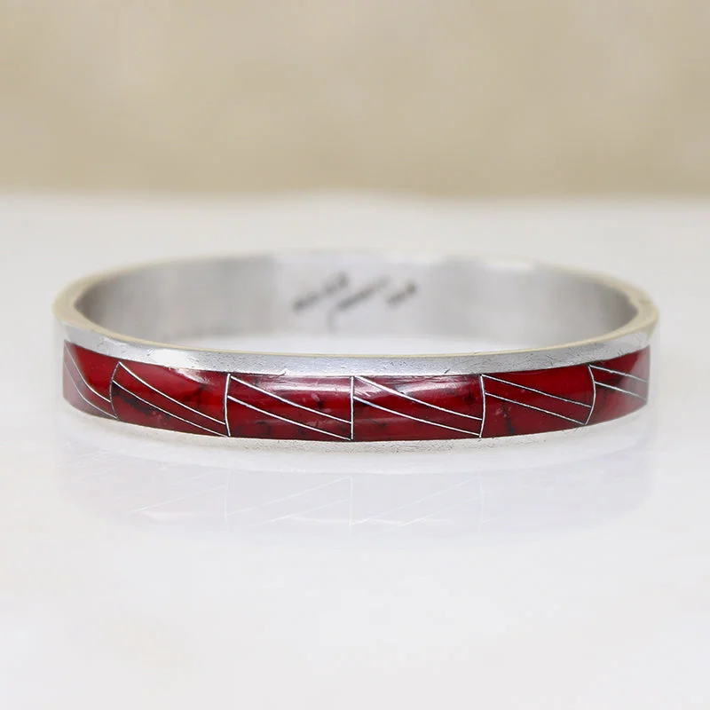 Substantial Mexican 950 Silver Bracelet with Red Inlay