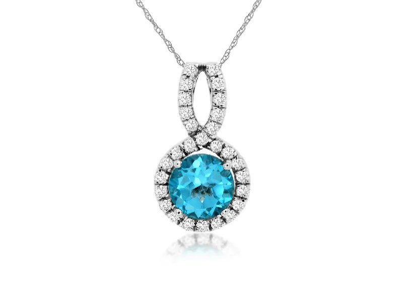 14K White Gold Round Blue Topaz Diamond Halo Pendant Necklace