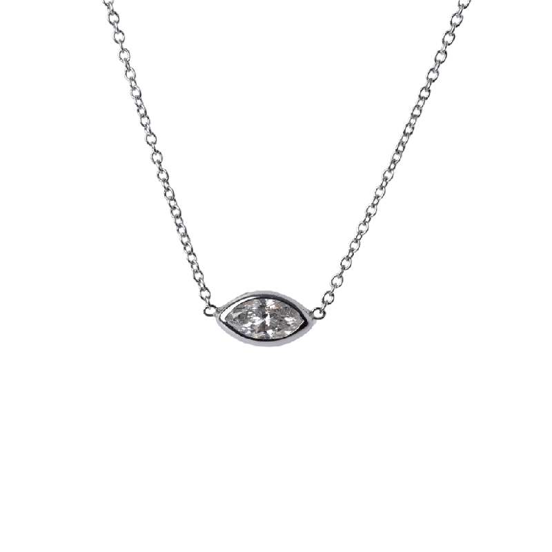 14k White Gold Bezel Set East West Marquise Diamond Necklace - .38cttw