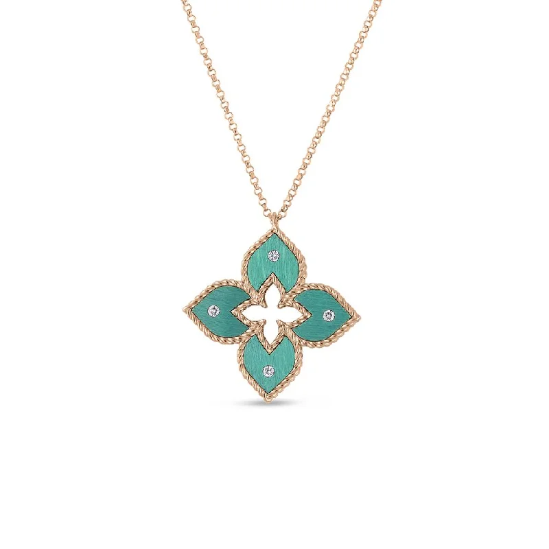 Roberto Coin 18k Rose Gold Venetian Princess Small Green Titanium And Diamond Flower Necklace