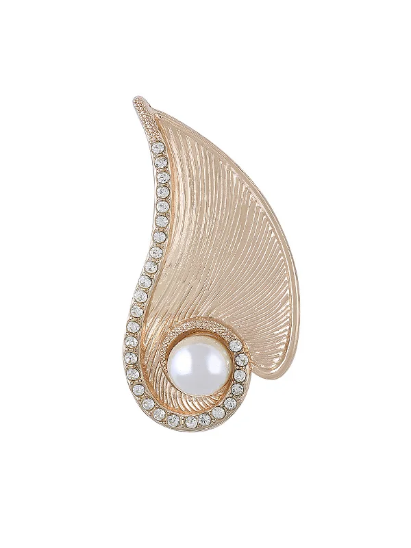 Shiny Gold Diamond Leaf with Pearl Brooch Pin