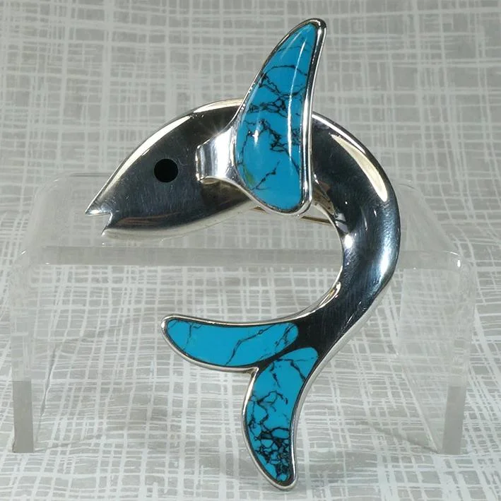 Slippery Silver Flying Fish Brooch with Turquoise Fins