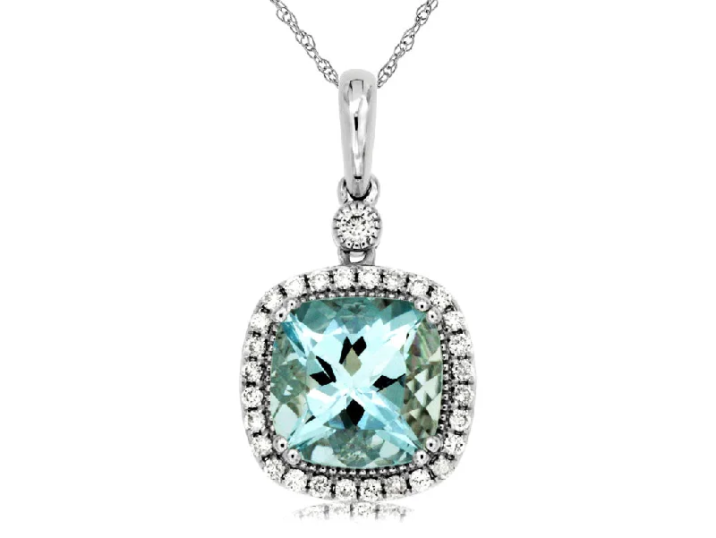 14K White Gold Cushion Cut Aquamarine and Diamond Halo Pendant Necklace