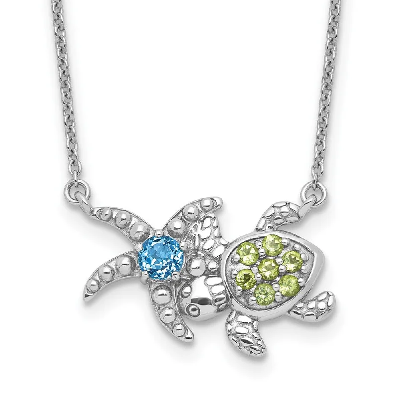 Sterling Silver Genuine Peridot and Light Swiss Blue Topaz Turtle Starfish Necklace