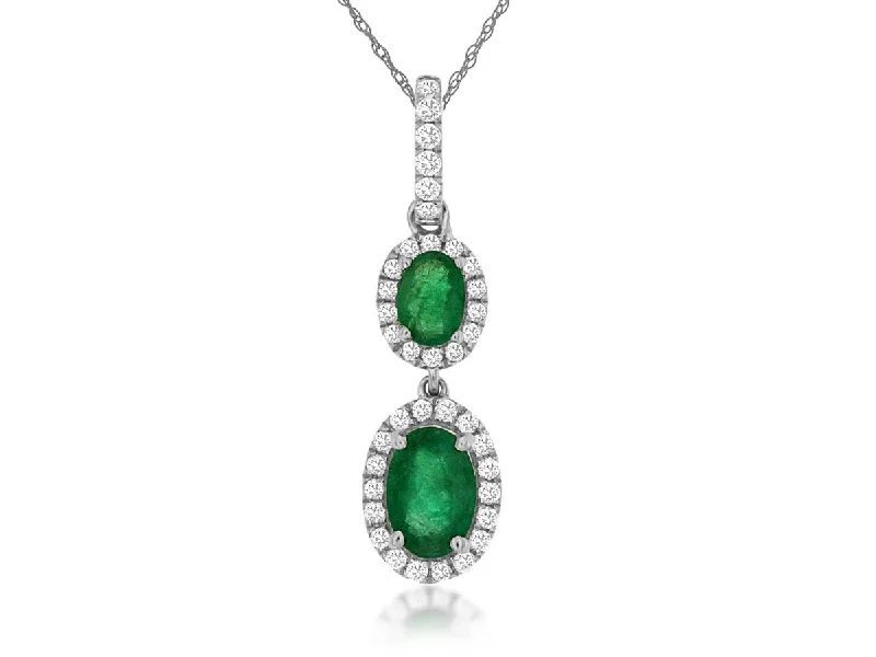 14k White Gold Two Oval Emerald with Diamond Halo Pendant Necklace