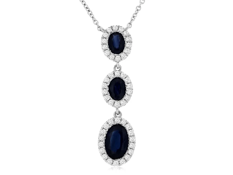 14k White Gold Three Oval Sapphire Diamond Halo Pendant Necklace