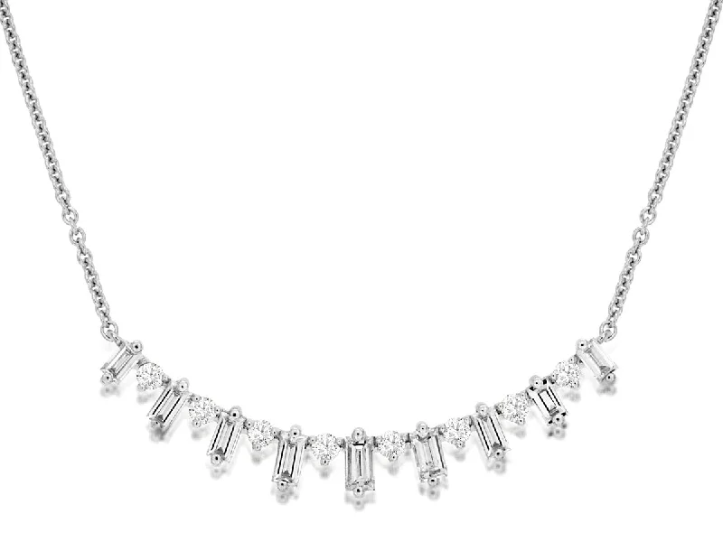 14K White Gold Alternating Baguette and Round Curved Diamond Bar Necklace