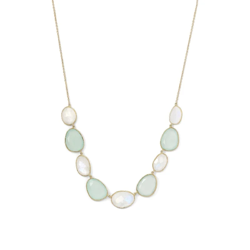 Sterling Silver 14k Yellow Gold Plated Rainbow Moonstone & Green Chalcedony Necklace