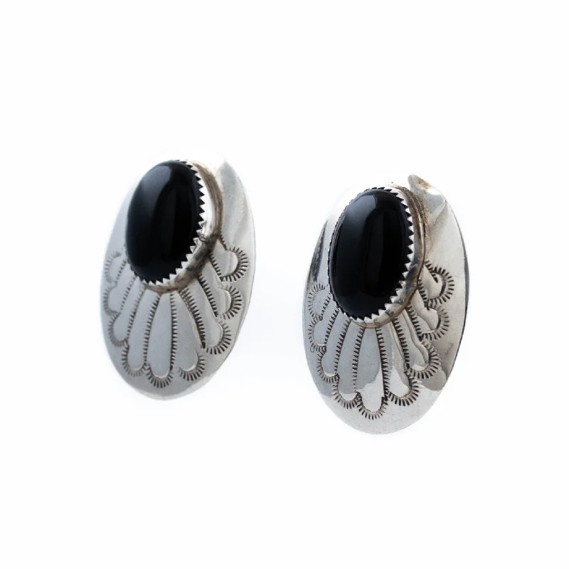 Oval Stamped Onyx Earrings