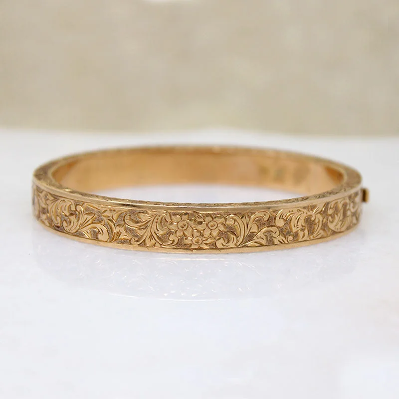 Elaborately Hand Engraved Gold Bangle Bracelet