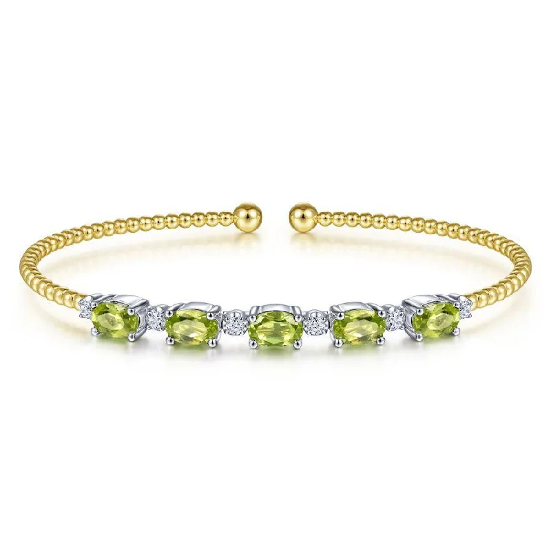 Gabriel & Co. - BG4448-62M45PE - 14K White-Yellow Gold Bujukan Bead Cuff Bracelet with Peridot and Diamond Stations