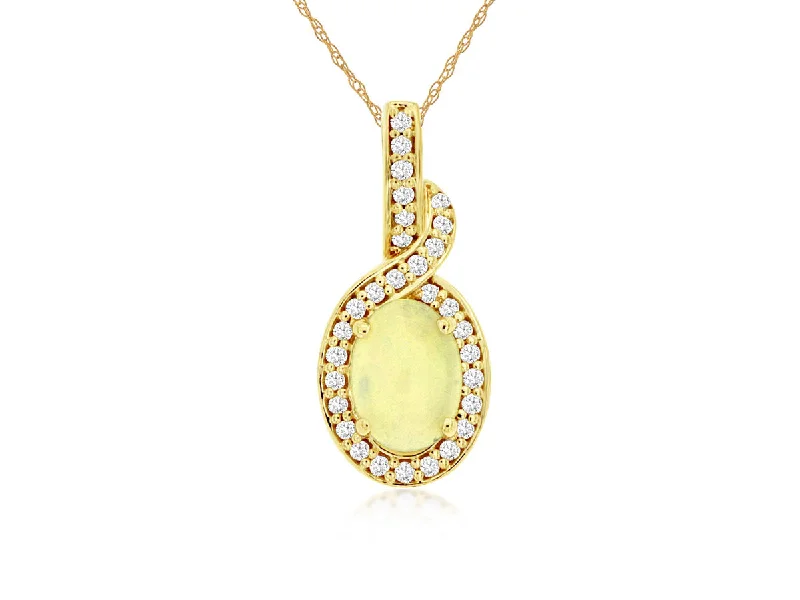 14K Yellow Gold Oval Opal Diamond Halo Pendant Necklace