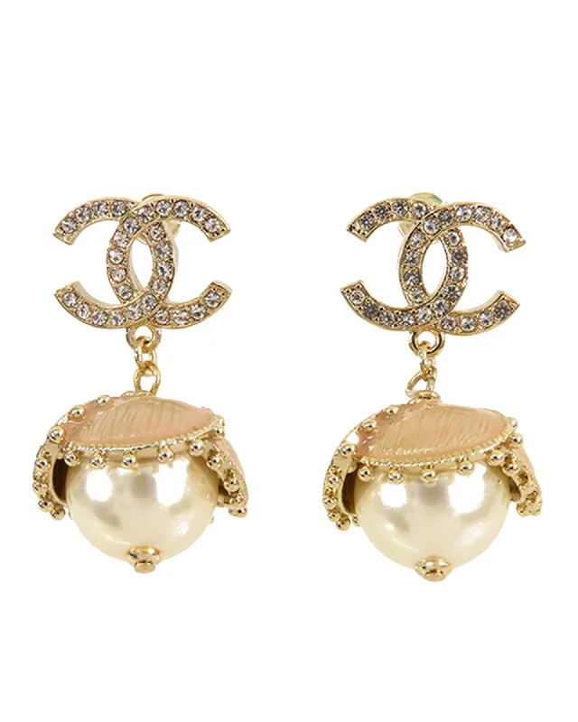 Gold Plated Rhinestone and Pearl Drop Earrings