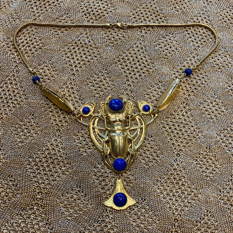 Egyptian Revival Scarab Necklace Art Nouveau Lapis Lazuli