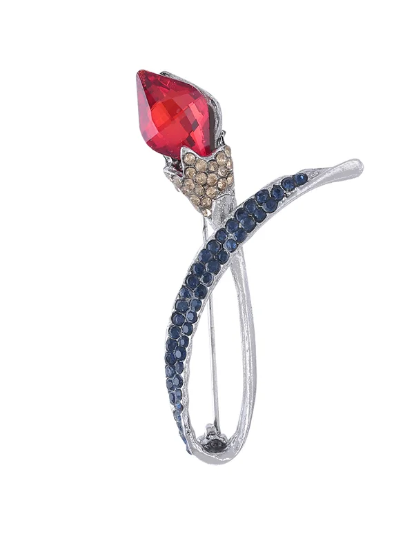 Red Rose Diamond Flower Silver Brooch Pin