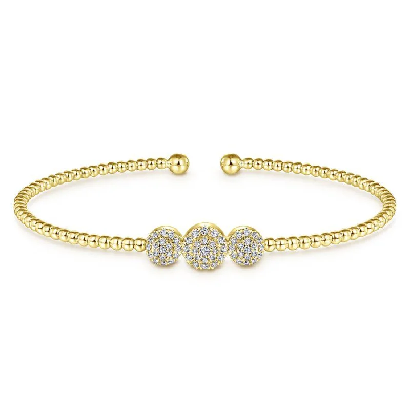 Gabriel & Co. - BG4114-62Y45JJ - 14K Yellow Gold Bujukan Bead Cuff Bracelet with Three Pavâ€š Diamond Stations