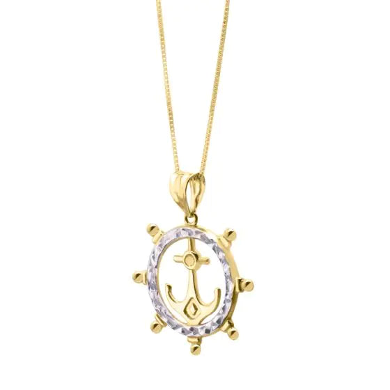 10k Gold Ship's Wheel with Anchor Pendant 18" Necklace