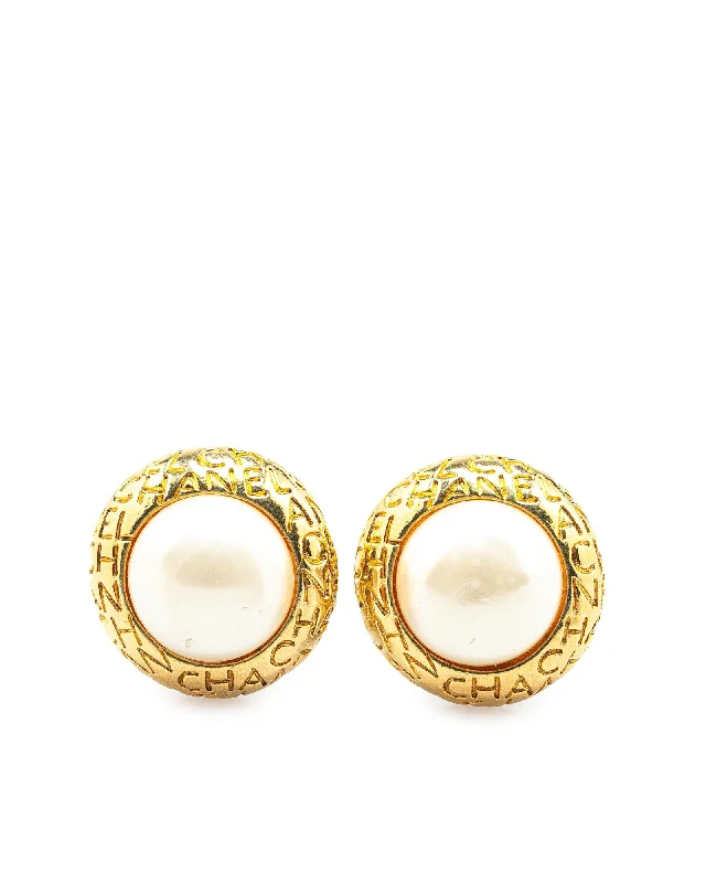 Gold Plated Faux Pearl Logo Clip-On Earrings