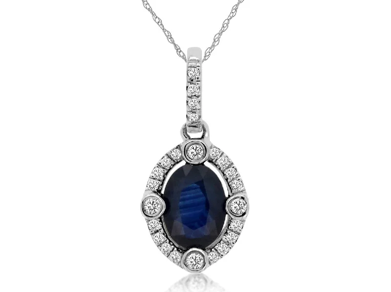 14K White Gold Oval Sapphire Diamond Halo Pendant Necklace