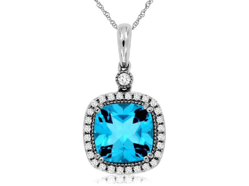 14k White Gold Blue Topaz and Diamond Halo Pendant Necklace