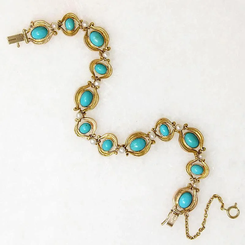 Turquoise & Pearl Art Nouveau Bracelet in Engraved Gold