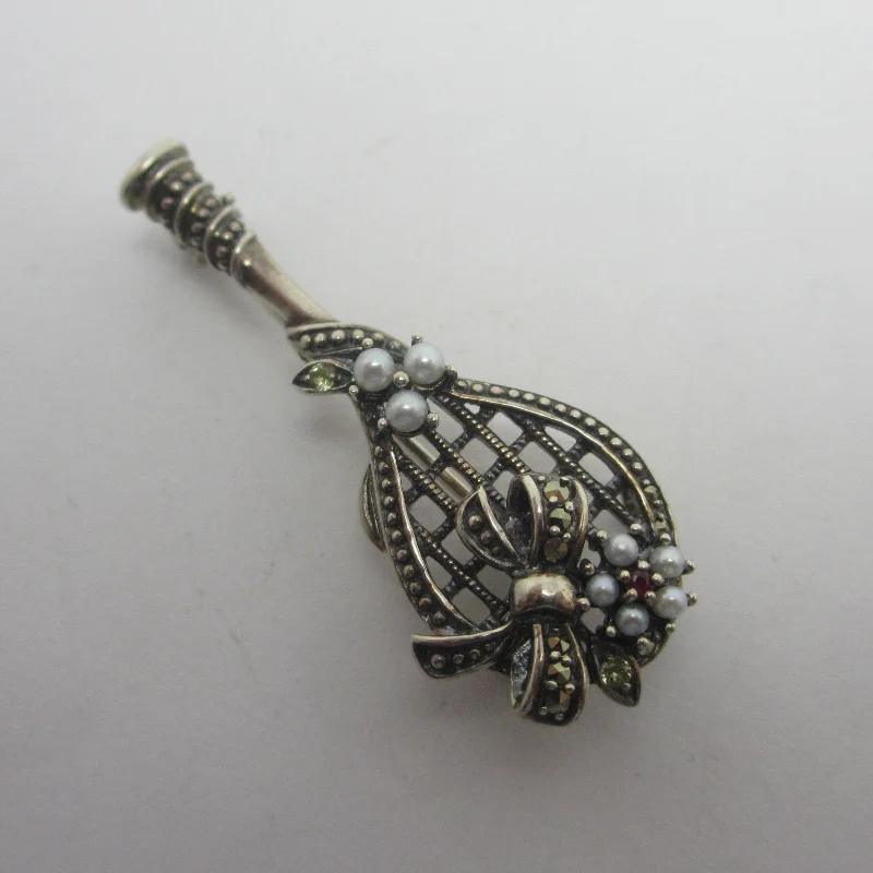 Tennis Racket Sterling Silver Brooch Pin with Seed Pearls & Tourmaline Vintage c1980