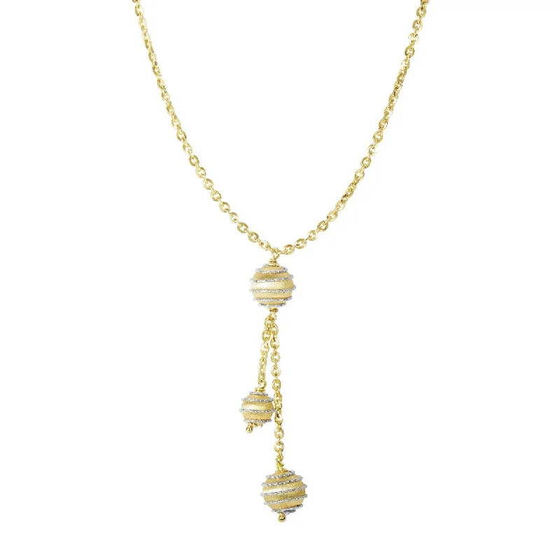 14kt 17" Yellow+White Gold Shiny+Diamond Cut 3 Satin Swirl Hanging Bead On 1.8mm Oval Link Lariat Type Fancy Necklace with Lobster Clasp N3358-17