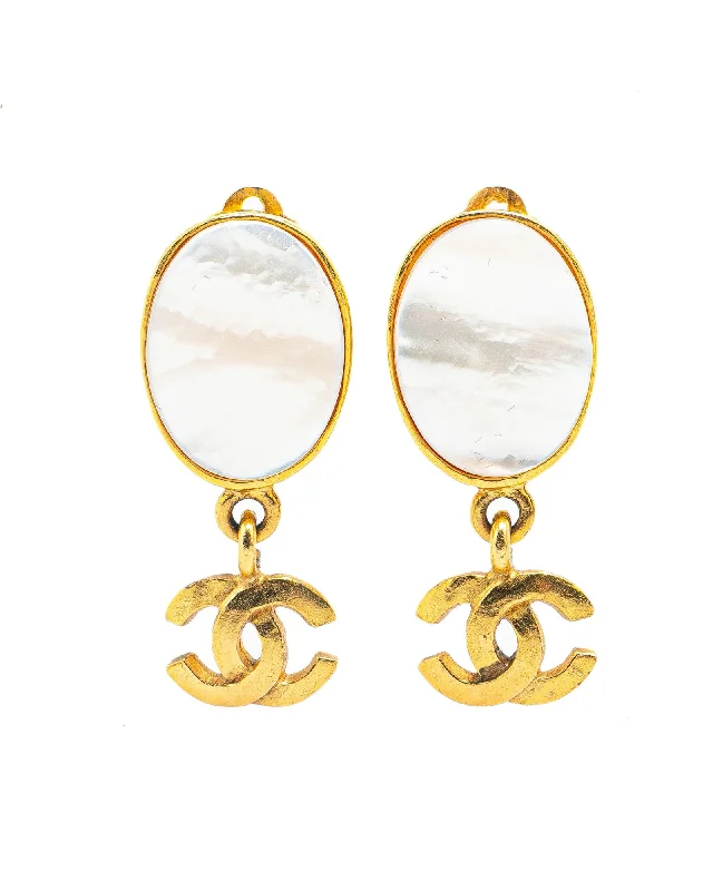 Gold Plated Oval Mother of Pearl Drop Clip On Earrings